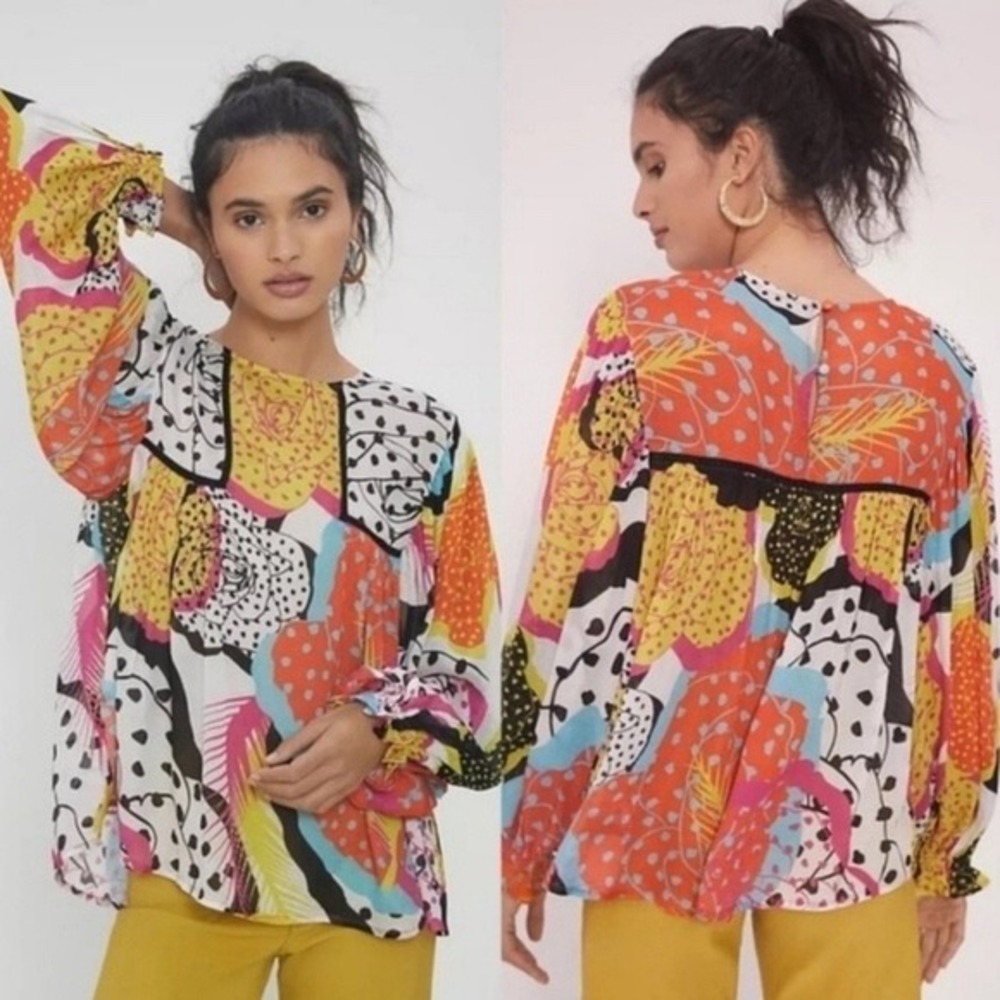 Blank London Womens Abstract Polka Dot Viscose Balloon Sleeve Boho Blouse Size M